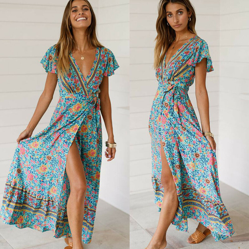 Womens Maxi Dress Floral Summer Boho V-Neck Elastic Waist Floral Belt Long Dress 2021 Summer
