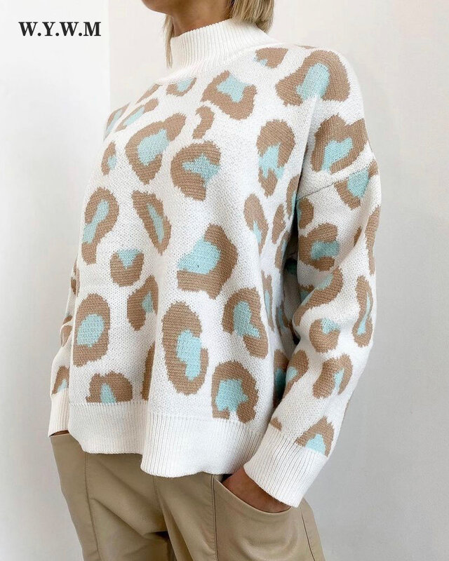 Wywm 2022 inverno nova estampa de leopardo camisola feminina básica solto de malha o-pescoço pullovers senhoras oversize roupas femininas quentes