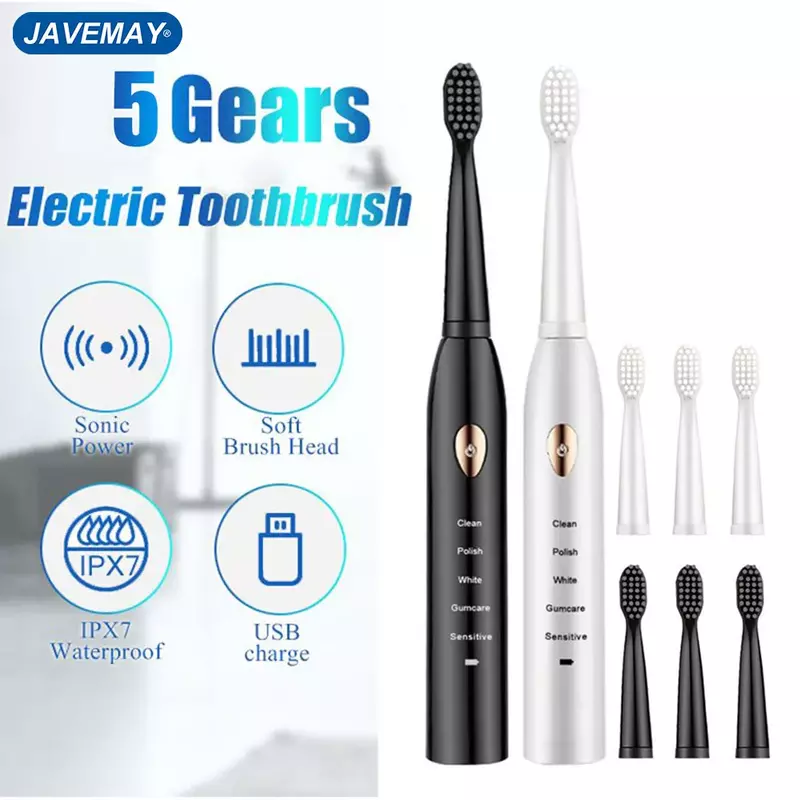 Cepillo de dientes eléctrico supersónico para adultos y niños, cepillo de dientes eléctrico con temporizador inteligente, resistente al agua IPX7, carga USB, cabezal reemplazable, J110, 2022