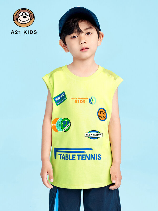 男の子用のカジュアルなサマーベスト,ファッショナブルな織りのゆったりとしたラウンドネックのノースリーブシャツ,漫画のプリントが施された子供用トップス,2022