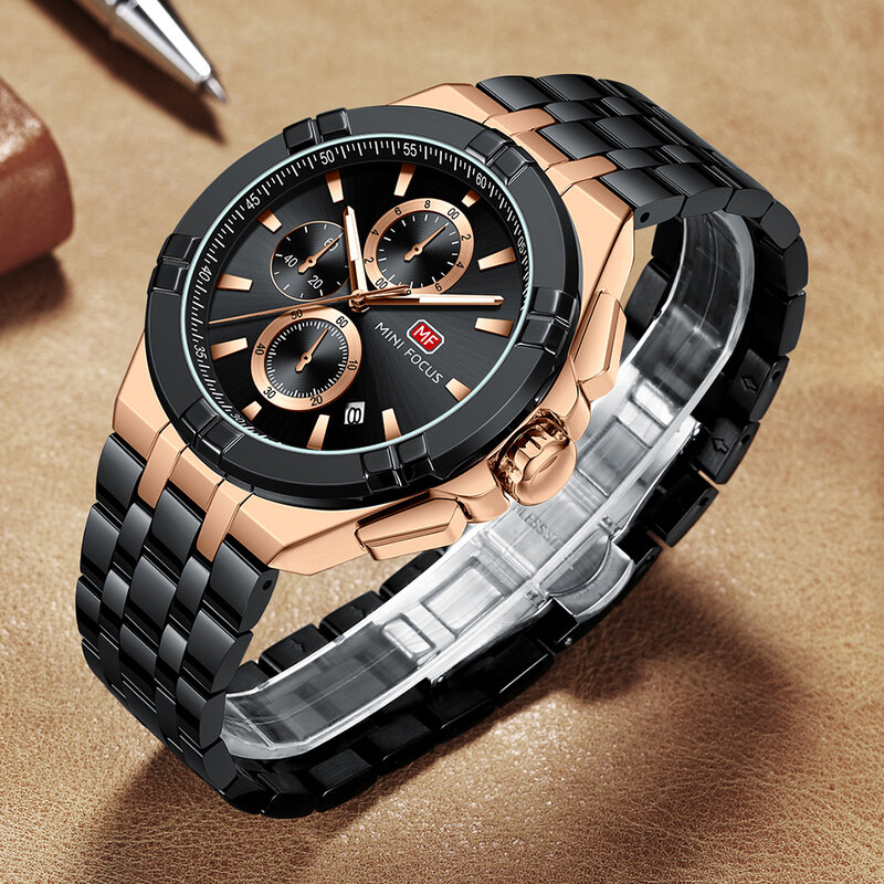 Часы наручные MINI FOCUS Мужские кварцевые, брендовые Роскошные деловые водонепроницаемые с браслетом из нержавеющей стали, 30 м