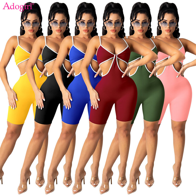 Adogirl Patchwork Cut Out Spaghetti Straps Jumpsuit 2022 Summer Women Sexy V Neck Backless Skinny Shorts Romper Casual Playsuit