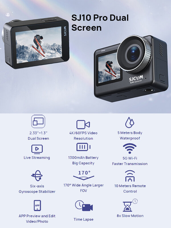 SJCAM SJ10 Pro double écran, caméra d'action, 4K 60FPS, WiFi, Gyro Anti-shake, Batterie 1300 mAh, Étanche jusqu'à 5 mètres, Caméra pour casque, Sports DV, Écran tactile 2,33 pouces, Diffusion en direct, Puce Ambarella