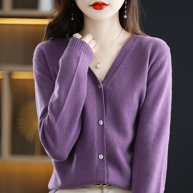 새로운 가디건 니트 여성 v 넥 긴팔 스웨터 코트 순수한 울 외부 가을 겨울 인기 상품