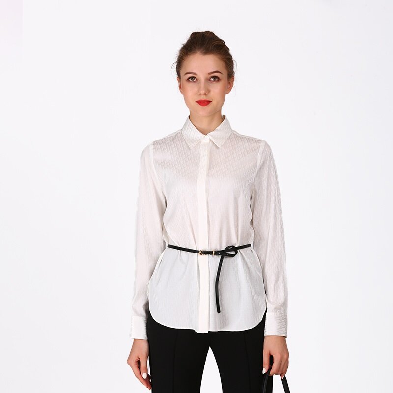 Biurowa, damska jedwab bluzka moda damska elegancka szczupła białe topy z paskiem jesień Temperament proste koszule na co dzień