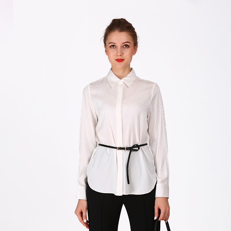 Blusa de seda de morera para mujer, Tops blancos ajustados elegantes con cinturón, camisas casuales simples de temperamento de otoño