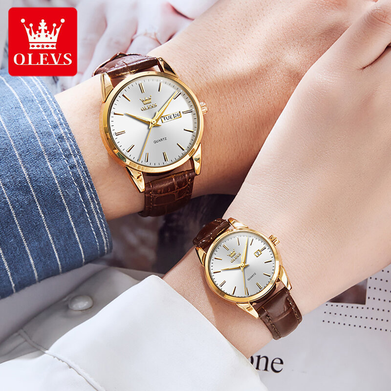 Водонепроницаемые часы OLEVS для пар, кварцевые модные наручные часы с ремешком из искусственной кожи, с календарем, отображением недели