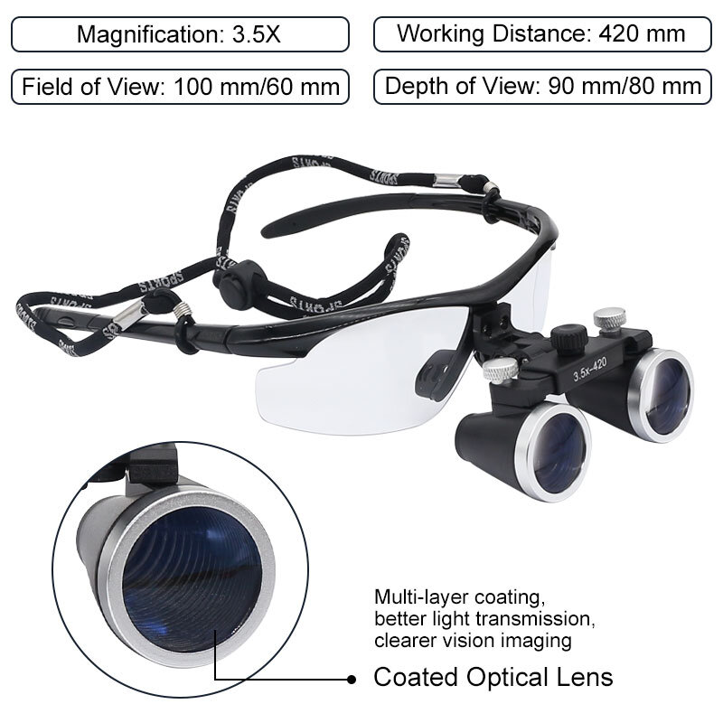 2.5X 3.5X ทันตกรรม Loupe แว่นขยาย Binocular Optical แว่นขยายทำงานระยะทาง320-420 Mm Loupes ปรับมุม