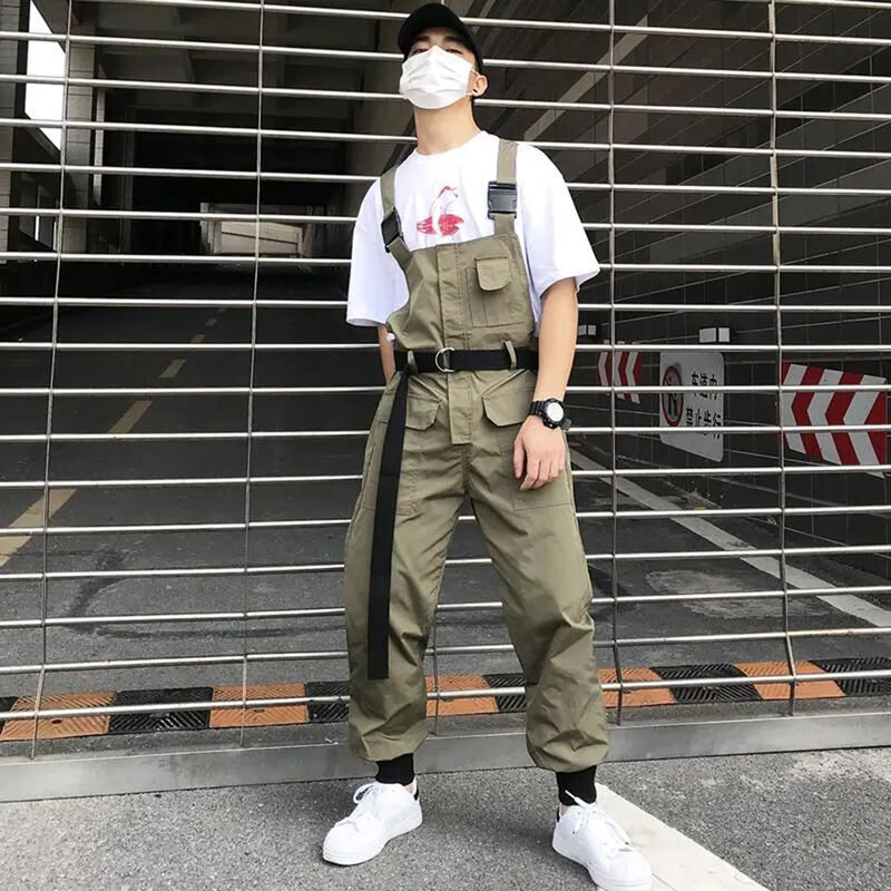ผู้ชาย Rompers Casual Overalls Jumpsuits Patchwork Streetwear กระเป๋าหลากหลายสินค้าหลวมสไตล์ญี่ปุ่น Harajuku