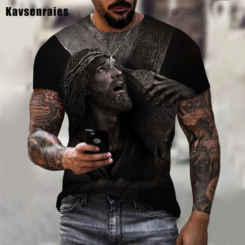 Camiseta con estampado 3D de Jesús para hombre y mujer, camisa de manga corta con cuello redondo de alta calidad, informal, ropa de calle, Tops de gran tamaño