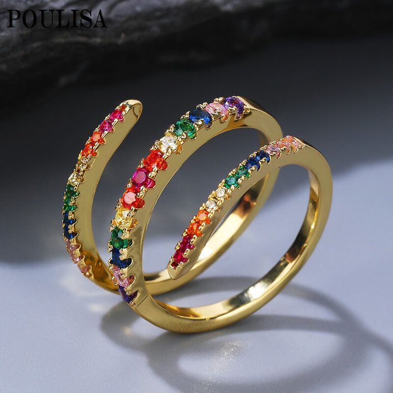 Poulisa Geometrische Multicolor Kleurrijke Cz Zirkoon Gouden Kleur Ringen Party Gift Charm Cz Vinger Rainbow Zirkoon Gekleurde Opening Ring