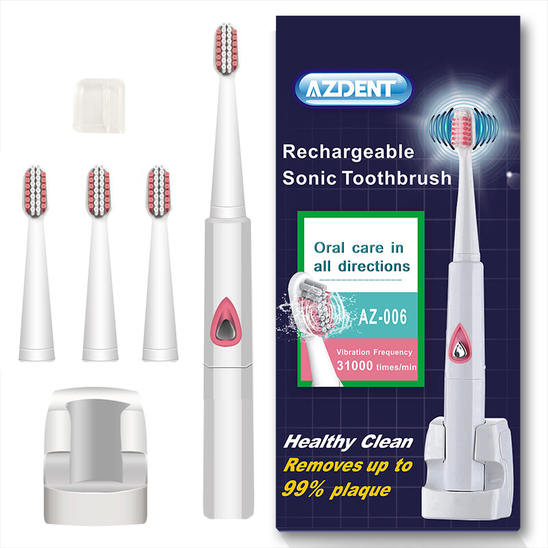 AZDENT-cepillo de dientes eléctrico AZ-06 para adultos, recargable por USB, 4 cabezales de repuesto, resistente al agua, temporizador, blanqueamiento dental