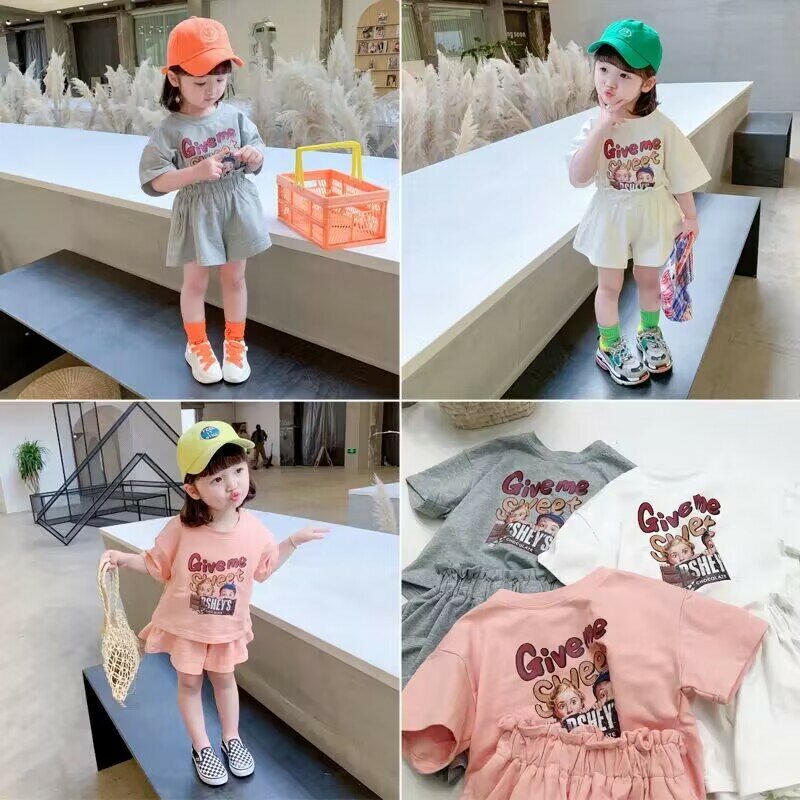 Setelan Kaus Anak Perempuan Musim Panas 2023 Atasan Lengan Pendek Print Anak-anak Baru Celana Pendek 2 Potong Fashion Set Pakaian Anak Perempuan Kecil