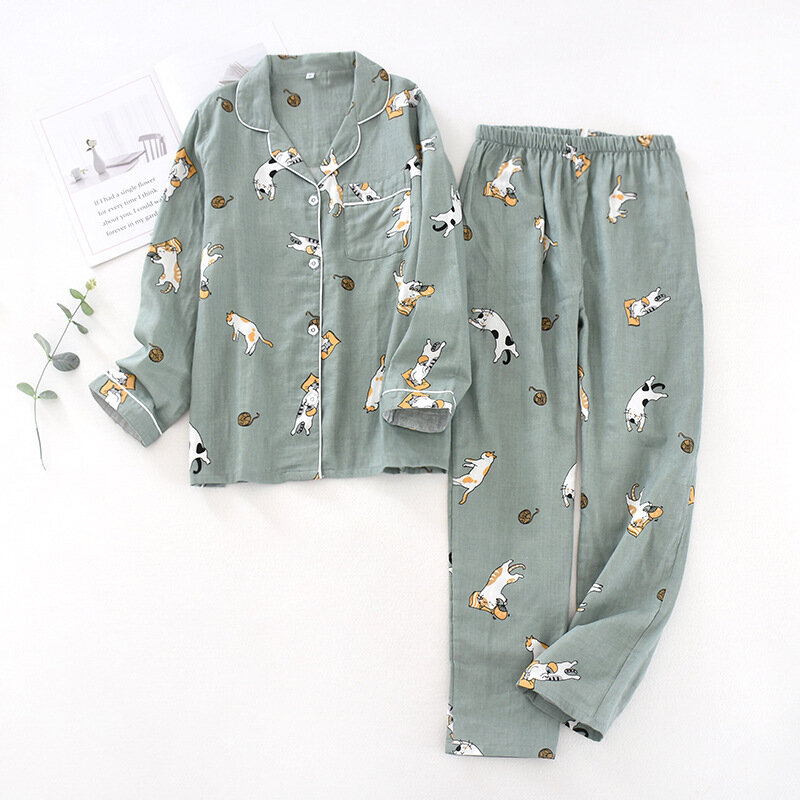 Conjunto de pijamas das senhoras 100% gaze algodão dos desenhos animados gato impresso pijama feminino 2 pçs turn-down pescoço camisa + calças conforto natureza sleepwear