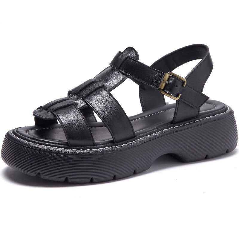 Sandálias femininas de couro genuíno 2022 novo grosso-solado tecido sandálias meninas verão moda plana estudante tendência sandálias para senhoras