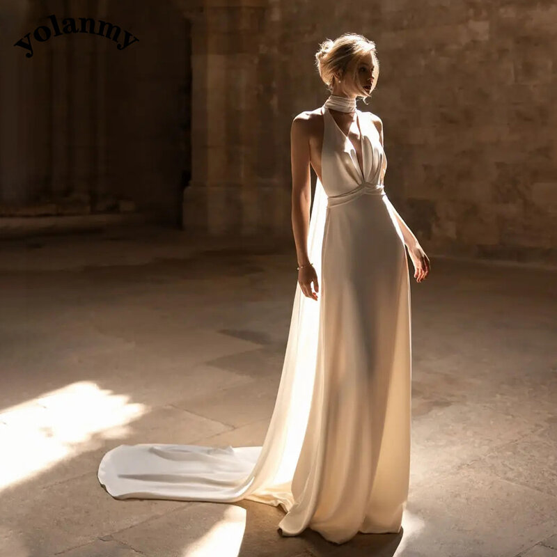 Yolanmy-花嫁のためのマーメイドのウェディングドレス、ディープVネック、背中の開いたビーチドレス、モダンなquinceanera promドレス、ホルター