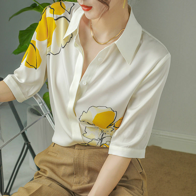 여름 패션 새 꽃 인쇄 셔츠 여성 다운-다운 칼라 사무실 레이디 레트로 블라우스 반소매 느슨한 쉬폰 셔츠 Femme 2022