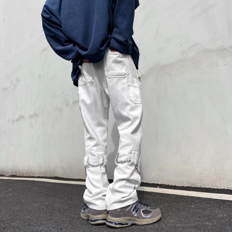 Jeans Baggy Hitam Putih Jeans Lurus Kasual Rantai Fashion Pria Celana Denim Hip Hop Streetwear Jepang Celana Panjang Pria S-4XL