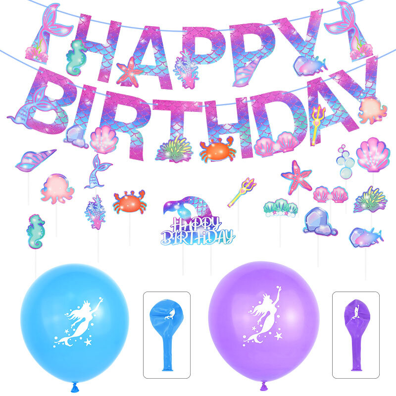 マーメイドテーマのパーティーデコレーション,バナー,風船,風船,海,動物のケーキのデコレーション,子供の誕生日パーティー,ベビーシャワー