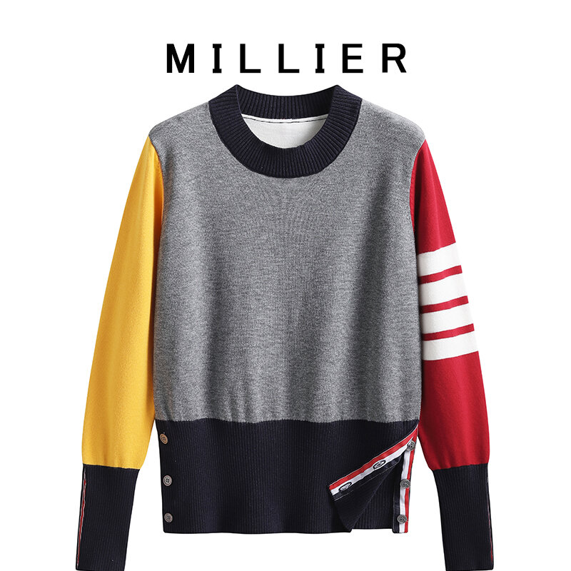 Four-bar color-blocking pullover sweater women's autumn and winter new loose round neck TB college style bottoming top