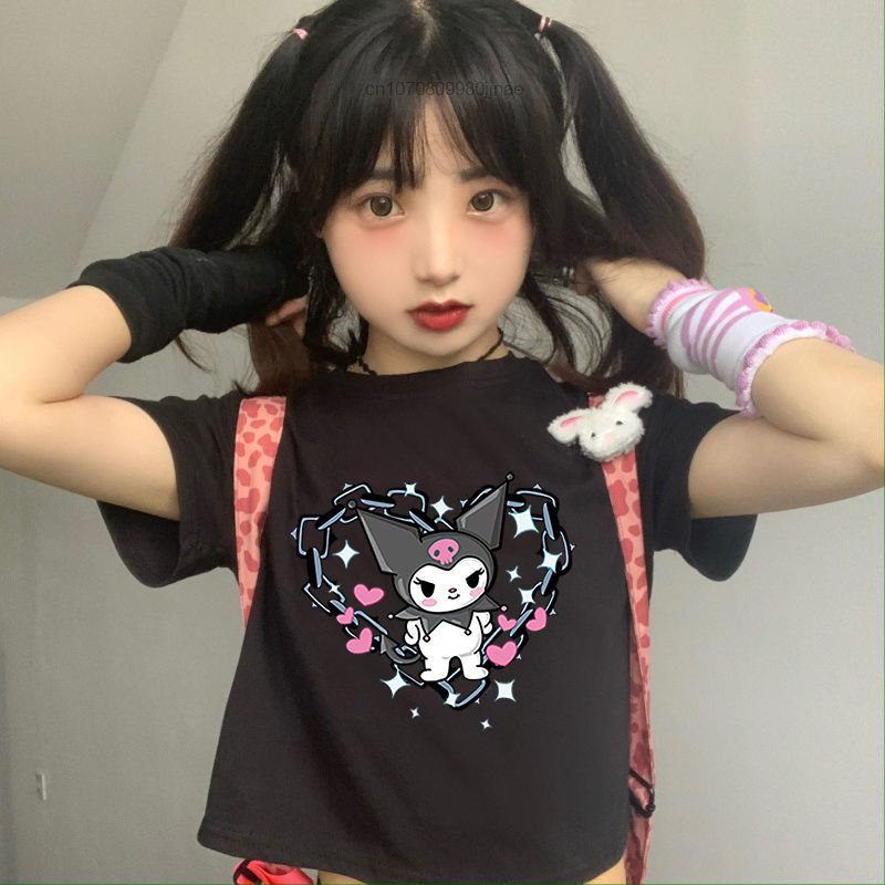 Kuromi 패션 스트리트웨어 반팔 티셔츠, 여성 여름 캐주얼 루즈 카와이 의류 Y2k 소녀 하라주쿠 스타일 귀여운 티셔츠
