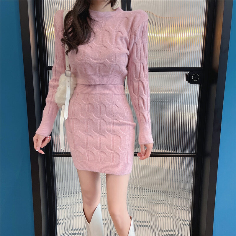 Elegante conjunto de 2 piezas de punto para mujer, suéter Sexy con cuello redondo, Top corto + minifalda ajustada, traje coreano, Otoño e Invierno