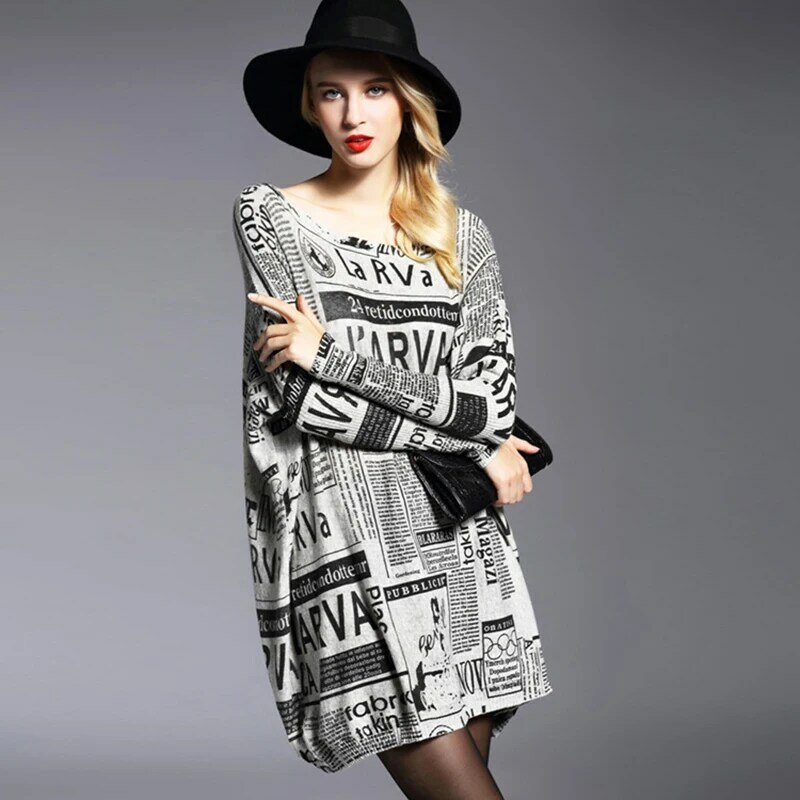 WAYOFLOVE Autumn Winter Long Knitted Sweaters Women Batwing Sleeve Letter Print Loose Sweater Dresses Pullover Jumpers Warm Pull
