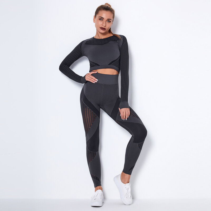 New Seamless Mesh Quick-drying Sports Fitness Long-sleeved Striped Fitness Trousers High Elastic Yoga Suit Moisture Wicking