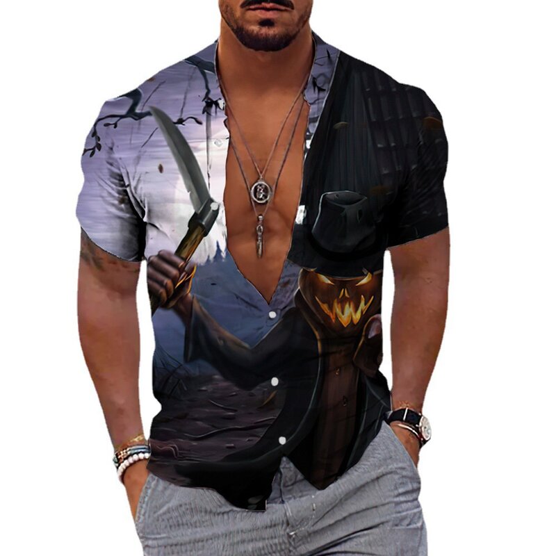 Гавайская рубашка для мужчин, летние мужские рубашки с 3D-принтом на тему Хеллоуина, праздничные пляжные Топы с коротким рукавом, футболка, М...