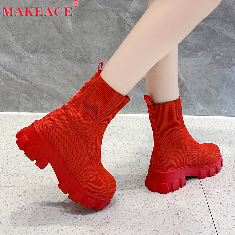 Fall 2021 35-43 Large Size Women's Sock Boots Fashion Fabric Soft Soles High Heels Stretch Boots Party Platform Women's Shoes