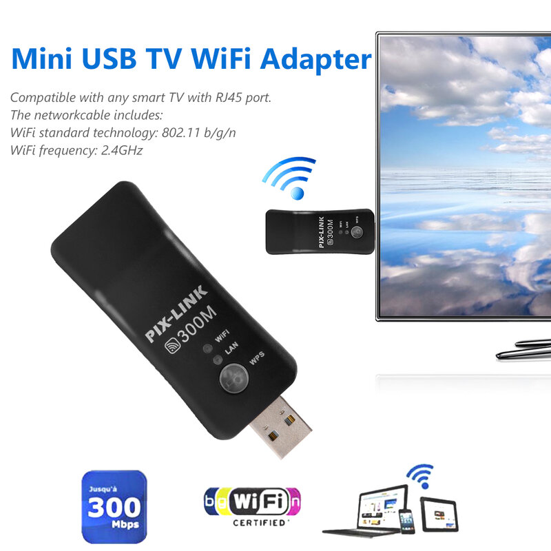 Usb tv wi-fi dongle adaptador 300mbps universal sem fio receptor placa de rede rj45 wps repetidor para samsung lg sony smart tv