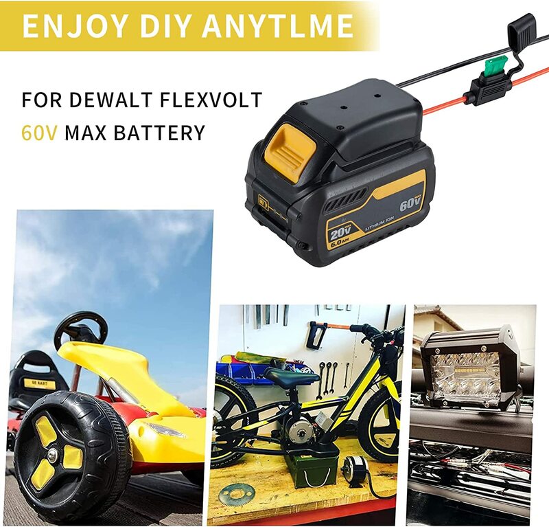 Dewalt Flexvolt 60V 최대 배터리 어댑터 용 전원 휠 어댑터, 퓨즈 및 와이어 터미널 포함, 14 게이지 와이어 전원 변환기