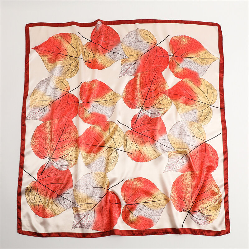 Foulard carré en Satin de soie imprimé feuilles, grande taille 90cm, pour femmes, Hijab musulman, châle, bandeau Bandana, nouvelle collection 2022