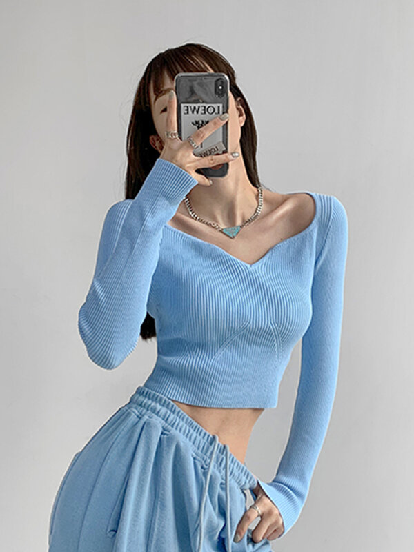 Cotton Sweater Revealing Collarbone Slim Fitting Sweater Women's Y2k Clothes Retro High Waist Revealing Navel Long Sleeve Top