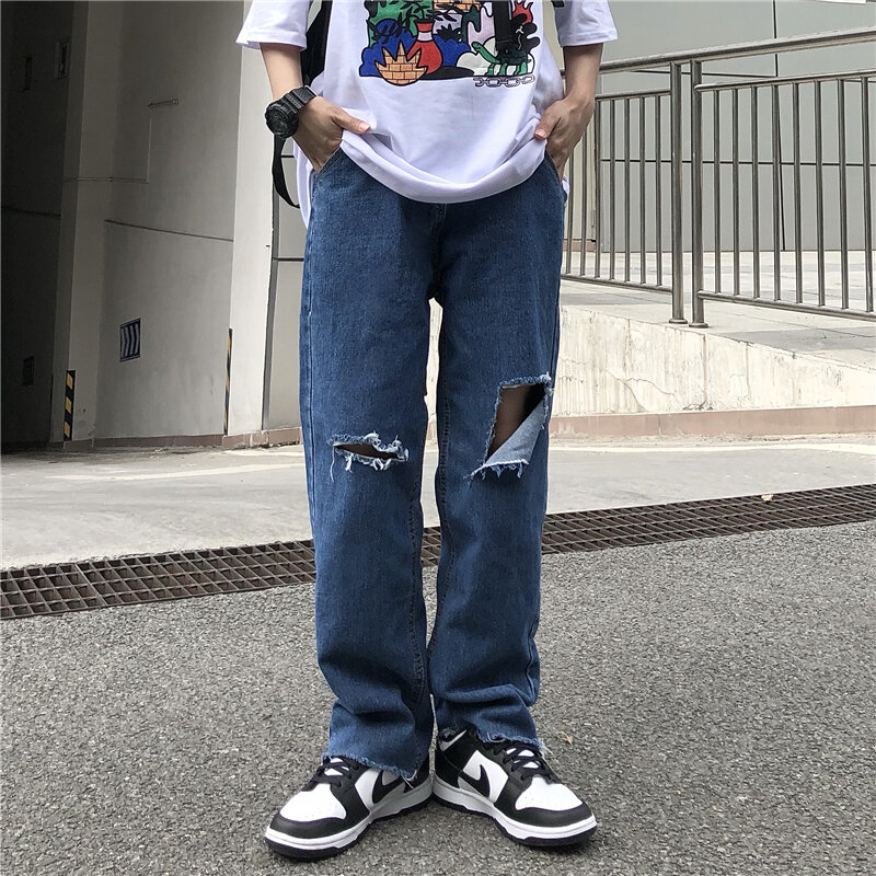 Kobiety Streetwear futro przycięte spodnie wysokie Stree Retro proste luźne spodnie Hip Hop nóż wyciąć złamany otwór proste luźne jeansy mężczyzn