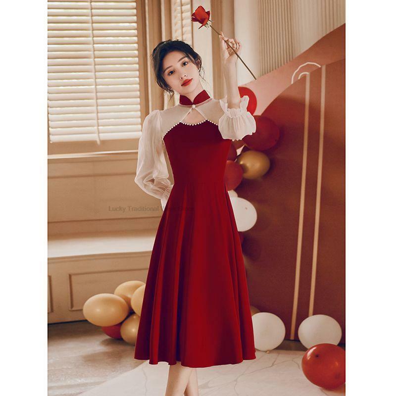 Chinese Style Red Lace Cheongsam Bride Wedding Evening Party Dress Women Chinese Traditional Hollow Out Clothing Qipao Dress