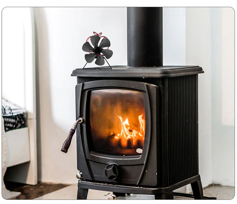 Ventilador de chimenea negro de 6 hojas para el hogar, quemador de madera silencioso ecológico de estilo manzana, Disipación eficiente del calor