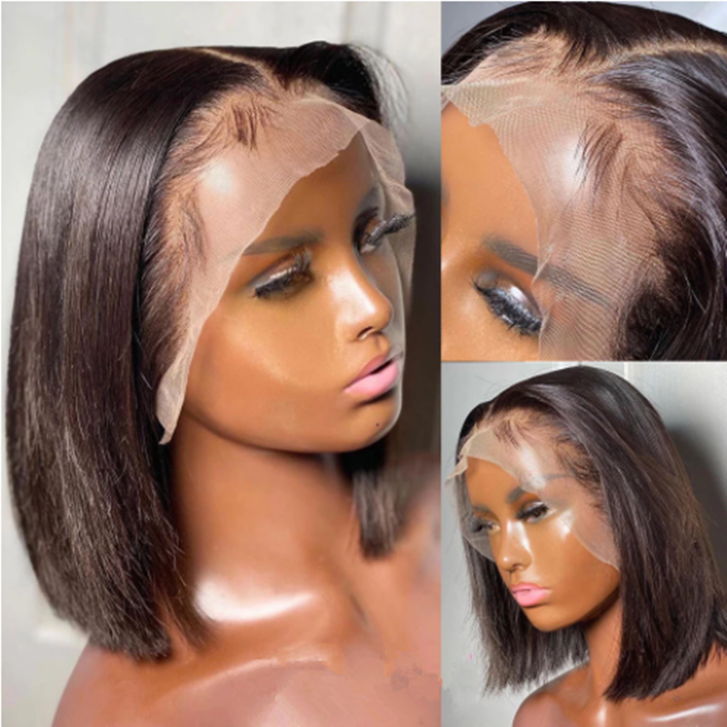 Black Short  Bob Wig Silky Straight Soft Lace Front Wigs Blunt Cut Bob For Women Baby Hair Heat Temperature Glueless Wig