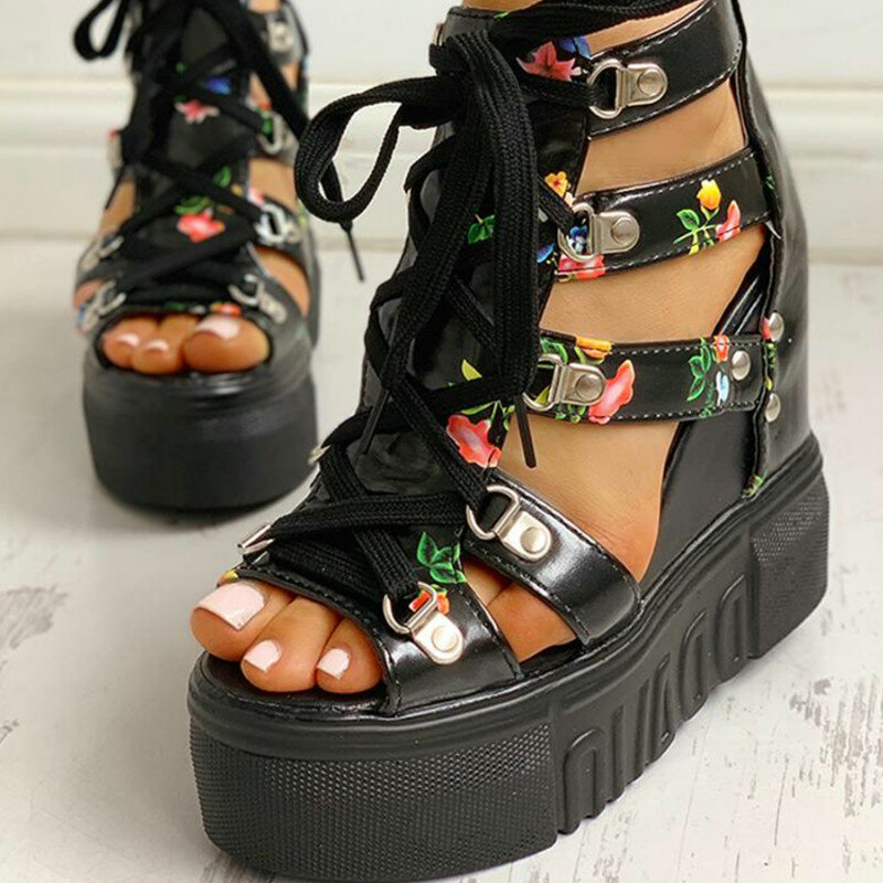 INS-Zapatos de cuña de ocio para mujer, zapatillas con estampación en caliente, sandalias con cordones de plataforma, tacón alto, informales, para verano, 2020