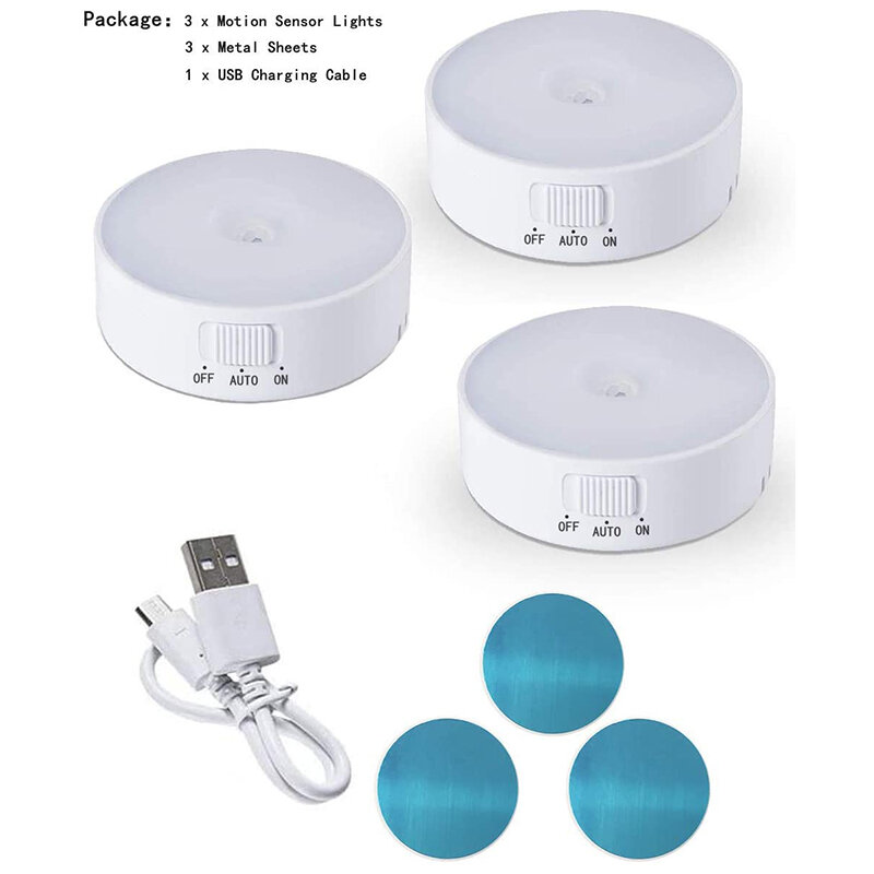 3 Packs LED Night Light Motion Sensor Activated Magnet Stick No As Kitchen Bedroom Closet Toilet Bathroom Cabinet Stair