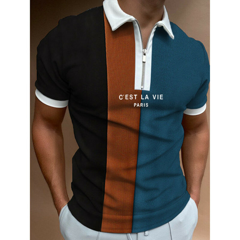 Camisa polo masculina de manga curta camisa polo contraste zíper polo novo verão streetwear moda casual alta qualidade masculino topos