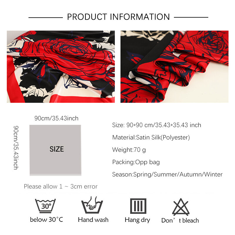 Rose Square Scarf Hijab Women Print Satin Silk Headkerchief Fashion Muslim Muffler Shawls Wrap Bandana Neck Foulard 2022 New