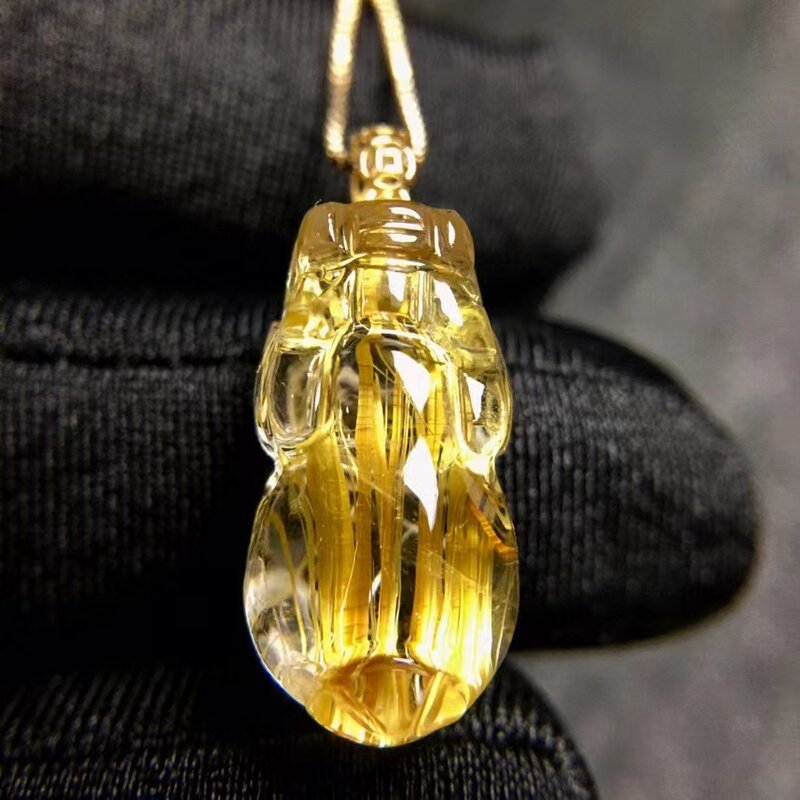 Colgante de oro Natural para mujer y hombre, joyería rutilada de cuarzo Pi Xiu de Brasil, 18,2x9,5x8,4mm, joyería de oro de 18K AAAAAA