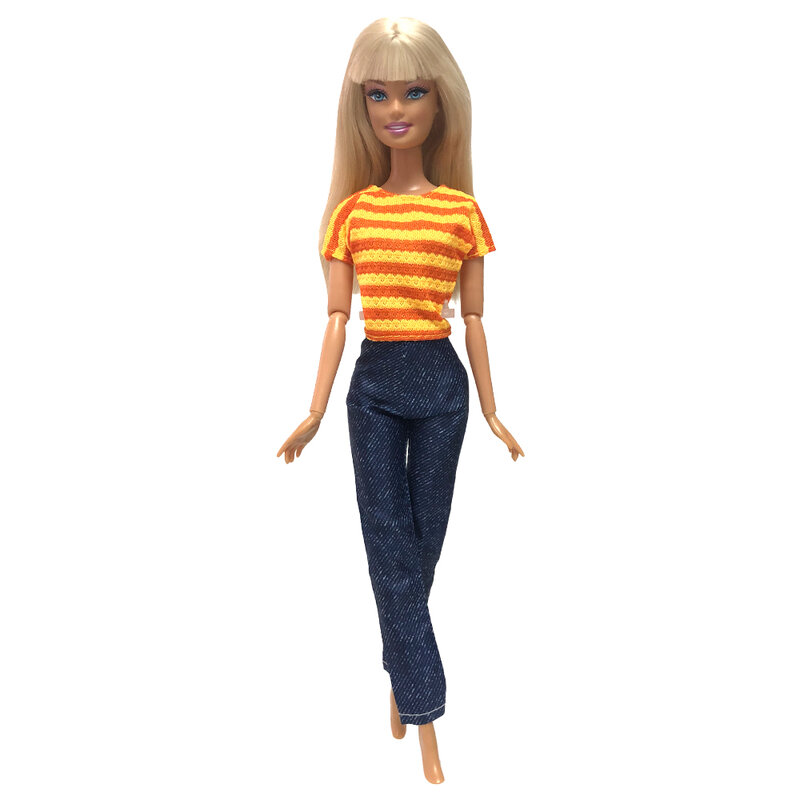 Nk oficial 1 pçs roupa de moda amarelo listrado camisa + jeans casual roupas casuais para barbie boneca acessórios brinquedos