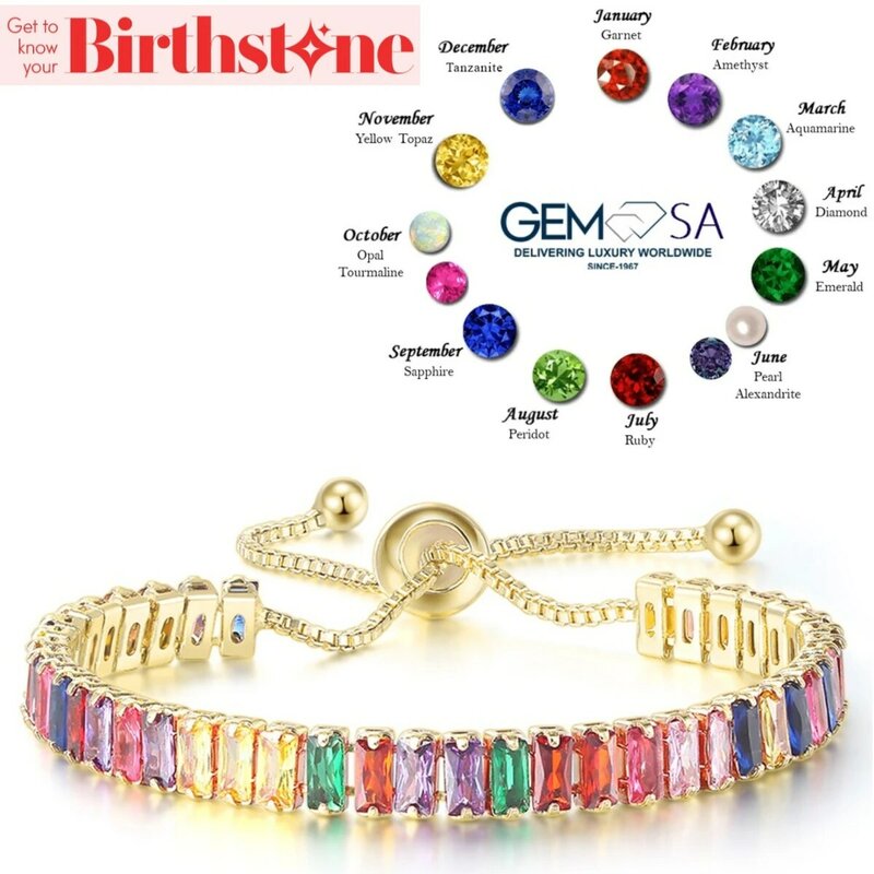 Verstelbare Geboortesteen Tennis Armband Voor Vrouwen Emeraid Cut Zirkoon Bangle Rainbow Crystal Ketting Vriendschap Geschenken Sieraden