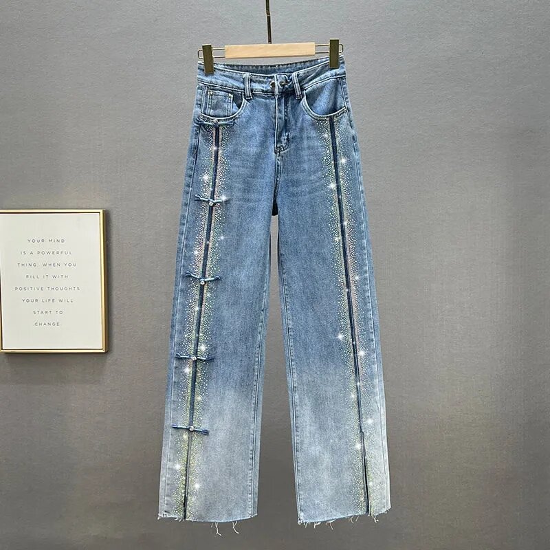Vintage 90s Rhinestone Jeans Women's Wide-Leg Pants 2022 Autumn High Waist Pants Ladies baggy jeans Fashiona Blue Denim Trousers