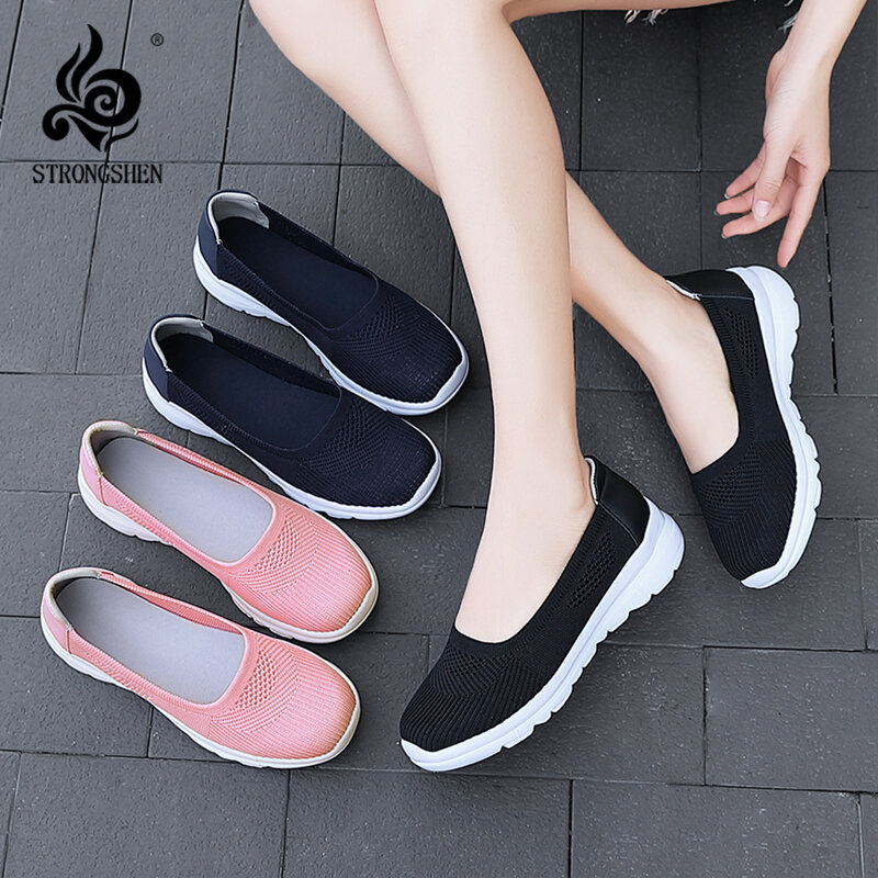 STRONGSHEN-Sapatos casuais rasos vulcanizados para mulheres, moda, malha leve respirável, tênis de caminhada, tênis feminino