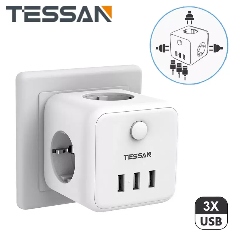 TESSAN-USB 충전기 포트 3 개 포함 화이트 EU 플러그 전원 어댑터, AC 콘센트 3 개, On/Off 스위치 코드 과부하 보호 멀티 소켓