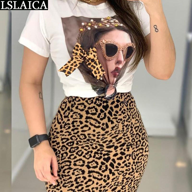 Set Dua Potong untuk Wanita Kaus & Rok Leher-o Kasual Set Kantor Wanita Motif Macan Tutul Mode Set Ramping Elegan Ropa Femenina