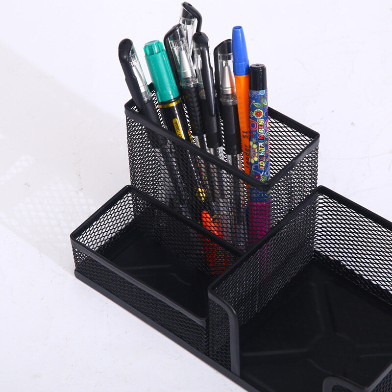 3ใน1โลหะสีดำตาข่ายกล่องดินสอปากกากรณีผู้ถือโต๊ะเครื่องเขียน Storage Organizer Home Office ที่มีประโยชน์ประห...